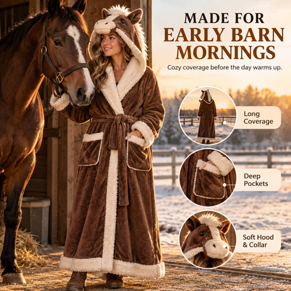 🐴 Horse Lover Plush Robe – Full-Length Sherpa-Lined Cozy Hooded Bathrobe