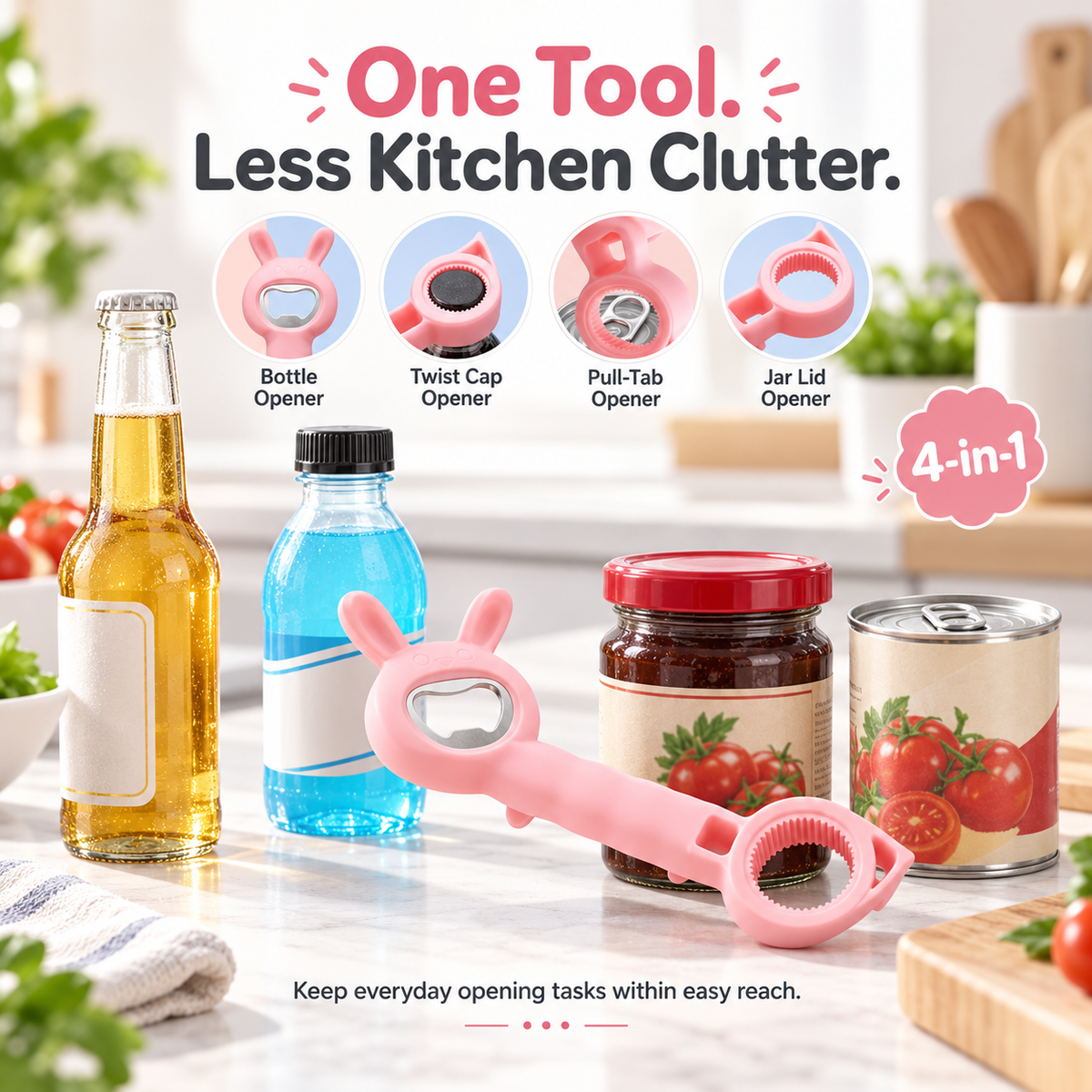 🥫 Multi-Function 4-in-1 Can & Bottle Opener – Ergonomic Jar Lid & Cap Remover ✨