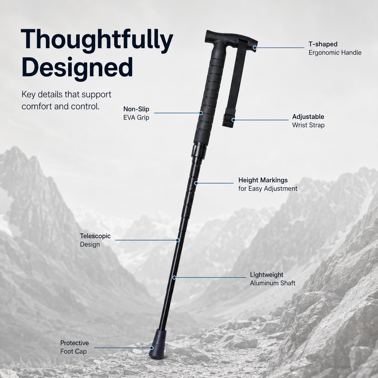 ⛰️ Telescopic Hiking Staff Anti Shock Walking Pole with Emergency Glass Breaker 🥾