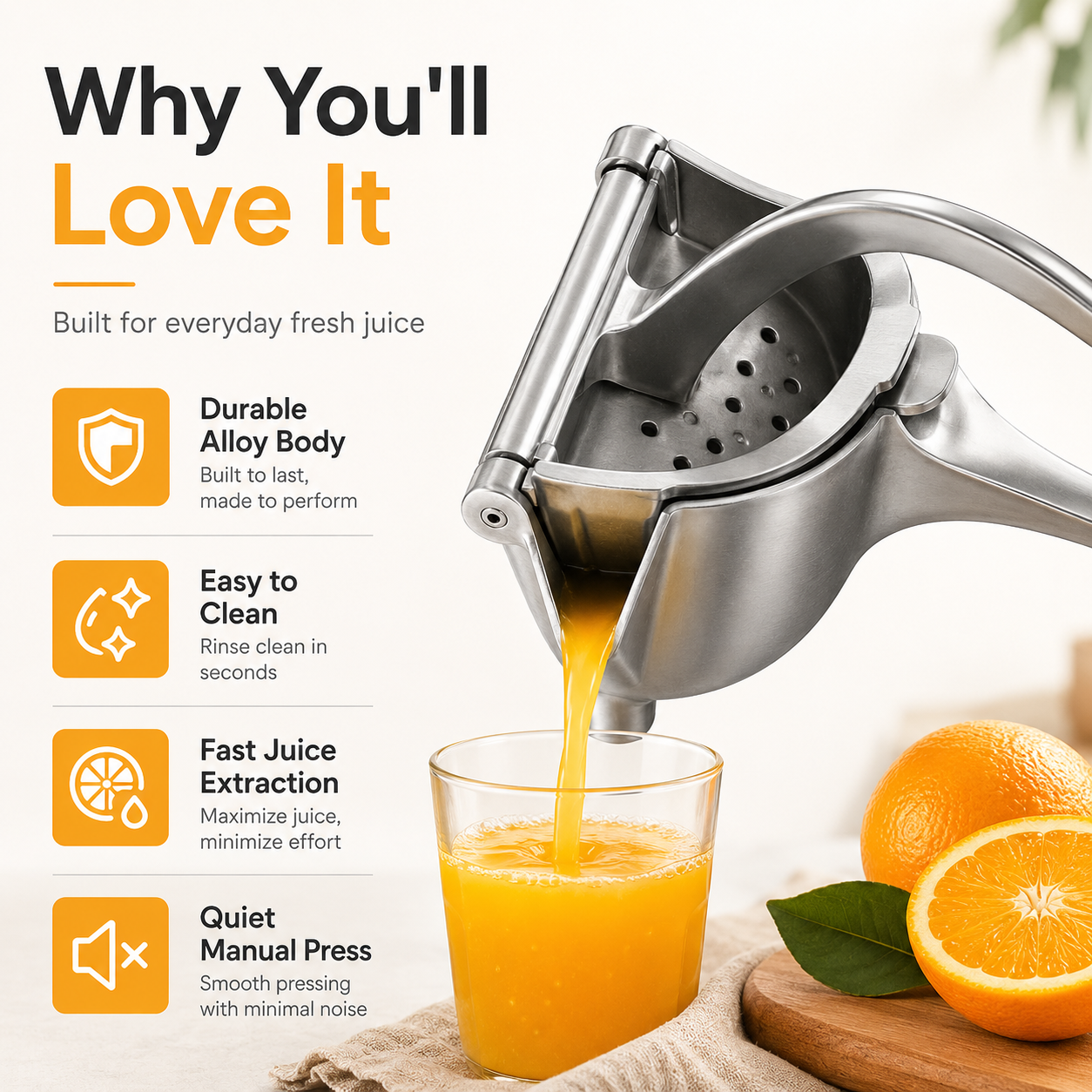 🍊 Easy-Press Stainless Steel Citrus Juicer | No Plug, Less Effort, Fresh Juice