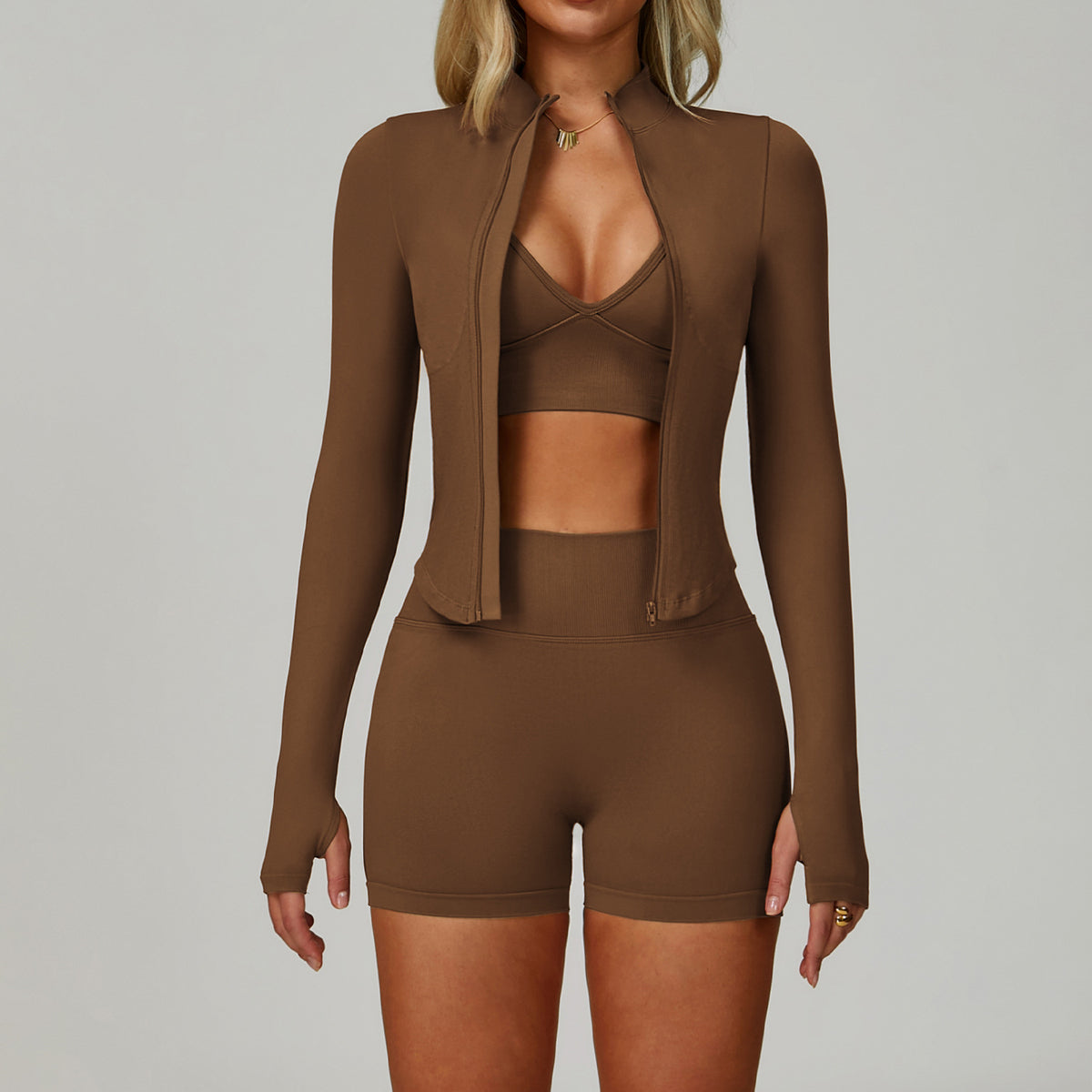 🏋️ Women's 3-Piece Compression Activewear Set – Zip Jacket, Bra & Crossover Shorts ✨