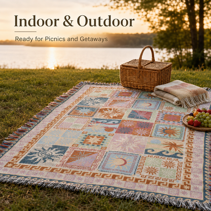 🌞 Boho Sun & Moon Celestial Patchwork Woven Blanket with Tassels 🌙