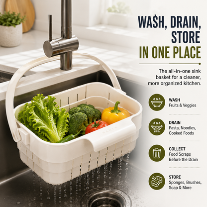 ✨ SpaceFold  Foldable Sink Drain Basket | Hanging Strainer & Organizer 💧