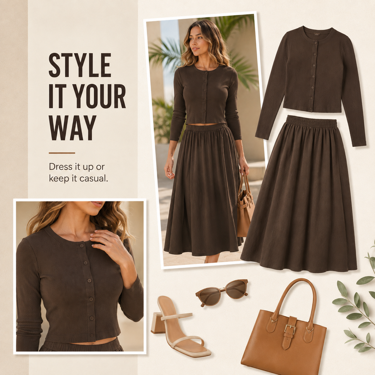 👗 Women's 2-Piece Ribbed Cardigan & Flowing Skirt Set ✨