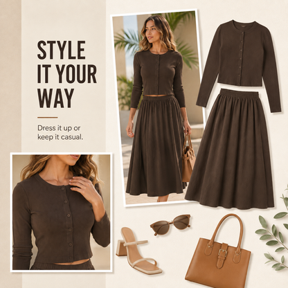 👗 Women's 2-Piece Ribbed Cardigan & Flowing Skirt Set ✨