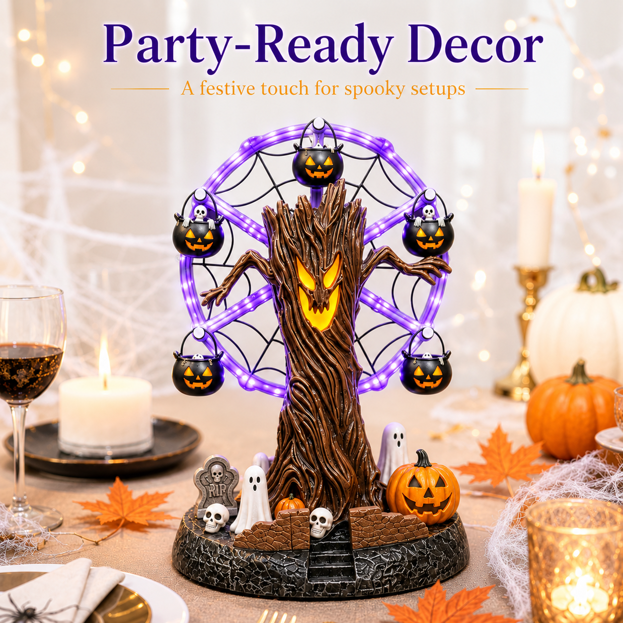 🎃 Lighted Halloween Ferris Wheel Resin Decoration with Haunted Tree and Ghosts 👻