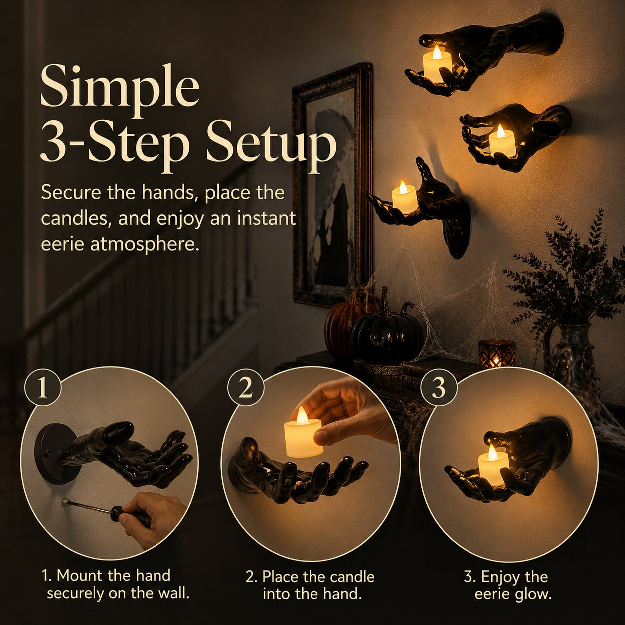 🎃 Creepy Reaching Hands Wall Decor with LED Candles – Instant Haunted Halloween Vibes 🕯️