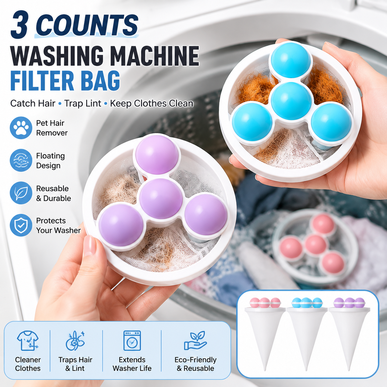 🐾 3-Pack Floating Pet Hair Laundry Filter Bags | Reusable Lint Catcher