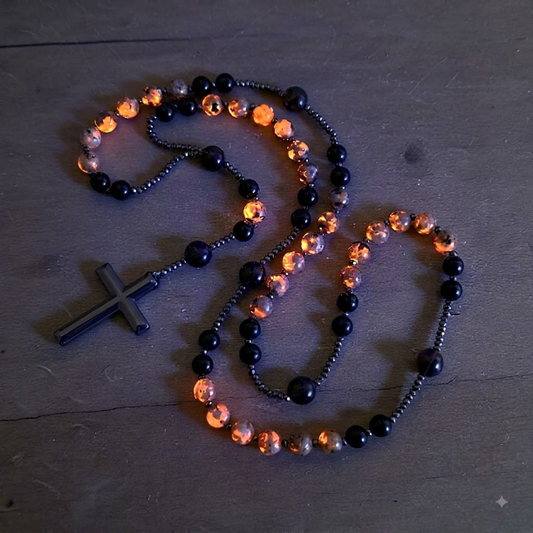 ✝️ Obsidian & Yooperlite Rosary Necklace – UV Glow Cross Jewelry ✨