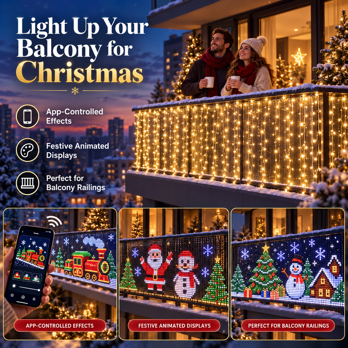 🎄 Smart RGB Pixel Balcony Lights – App-Controlled Animated Holiday Display for Balcony & Window Decor-2m*2m