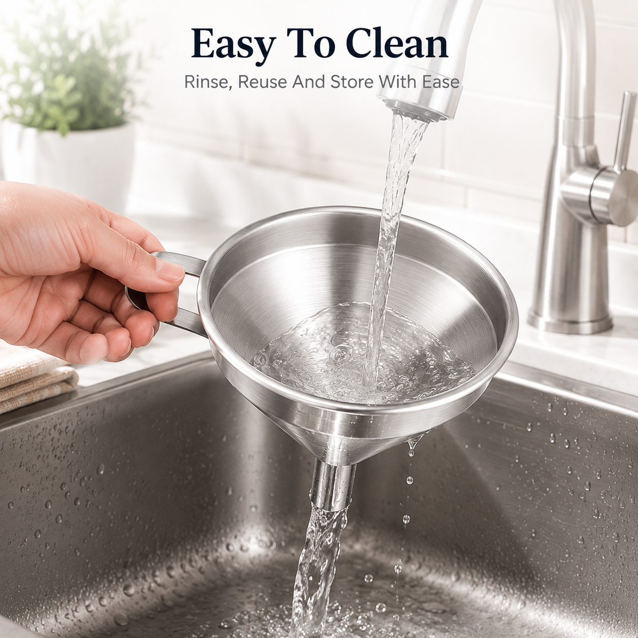 Stainless steel funnel, suitable for transferring oils and liquids; kitchen funnel with a brush