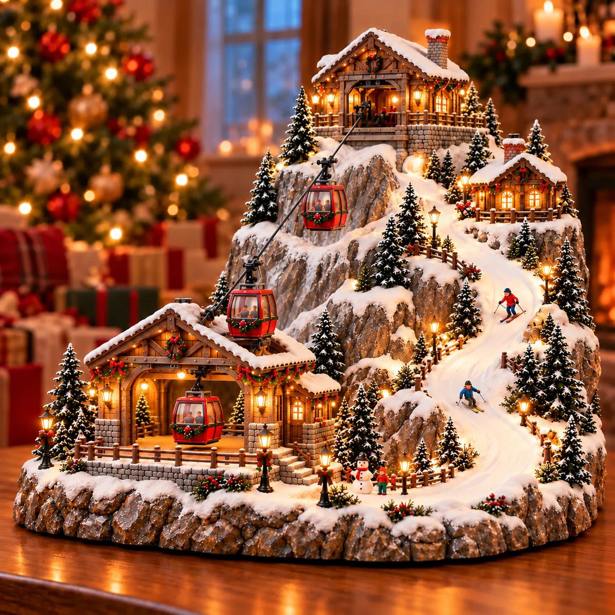 🚡 Animated Christmas Mountain Village – Moving Cable Cars & Skiers 🎄