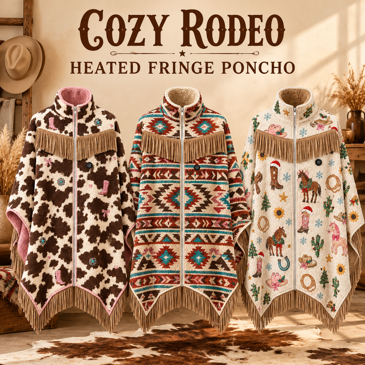 🔥 Heated Western Fringe Poncho – 3 Heat Levels, USB Powered Cowgirl Wrap