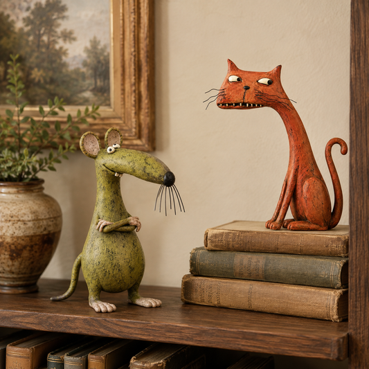 🐾 Whimsical Animal Figurine – Vintage Distressed Resin Cat & Mouse Decor ✨