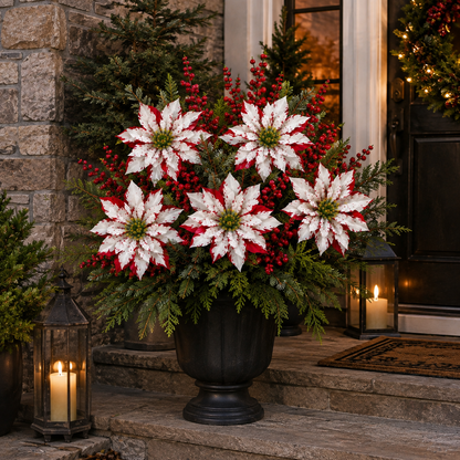 🎄 Set of 6 Christmas Poinsettia Planter Insert Picks – Red & White Holiday Urn Decor 🌺