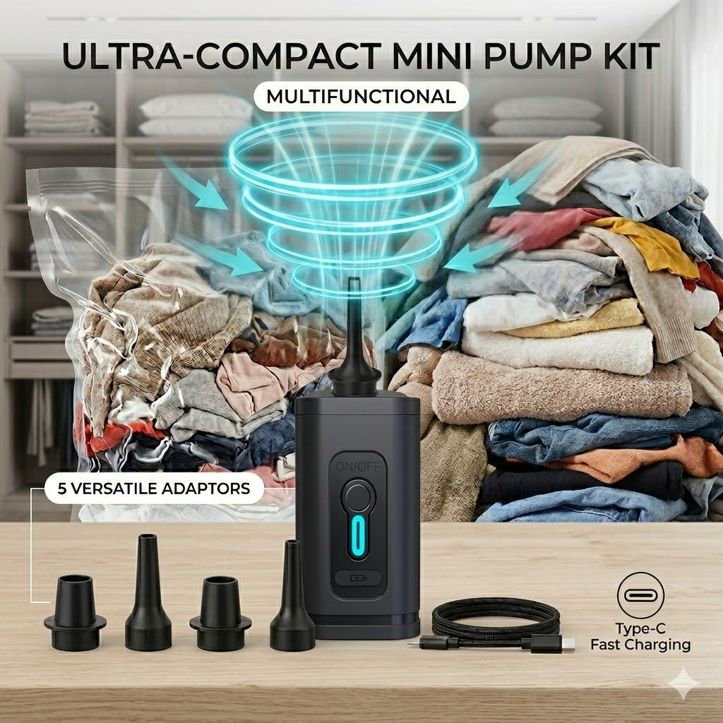 Portable mini air pump, rechargeable, comes with a storage bag and a 6-foot charging cable