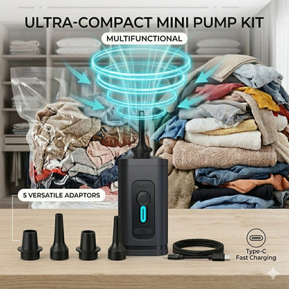 Portable mini air pump, rechargeable, comes with a storage bag and a 6-foot charging cable