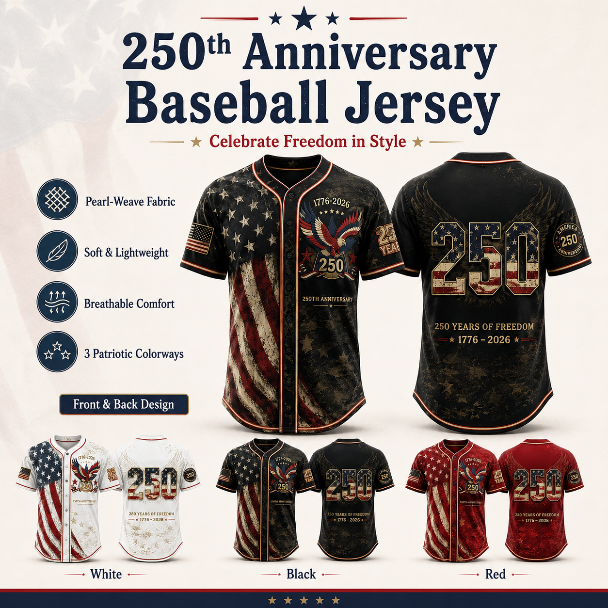 America 250th Anniversary Baseball Jersey | 1776-2026 Patriotic USA Jersey | 4th of July Gift