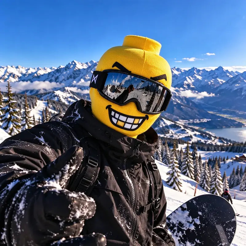 Smiley ski balaclava on snowy mountain