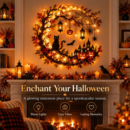 🚚 FREE SHIPPING 🎃 Enchanting Halloween Crescent Moon Wall Light with Black Cat & LED Lanterns 🐈