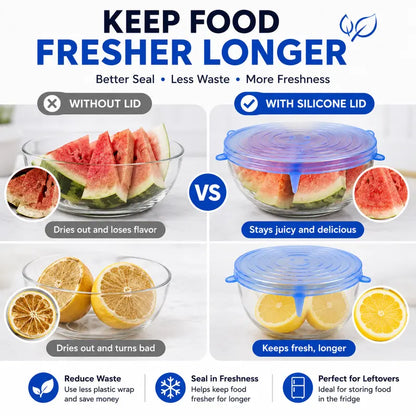 🥗 6-Pack Silicone Stretch Lids – Reusable, BPA-Free & Leak-Proof Covers for Bowls, Pots, Cups & Fruits