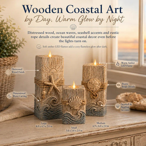 🔥 HOT SALE 🔥🌊 Coastal Wooden LED Candle Set of 3 with Remote & Timer 🕯️