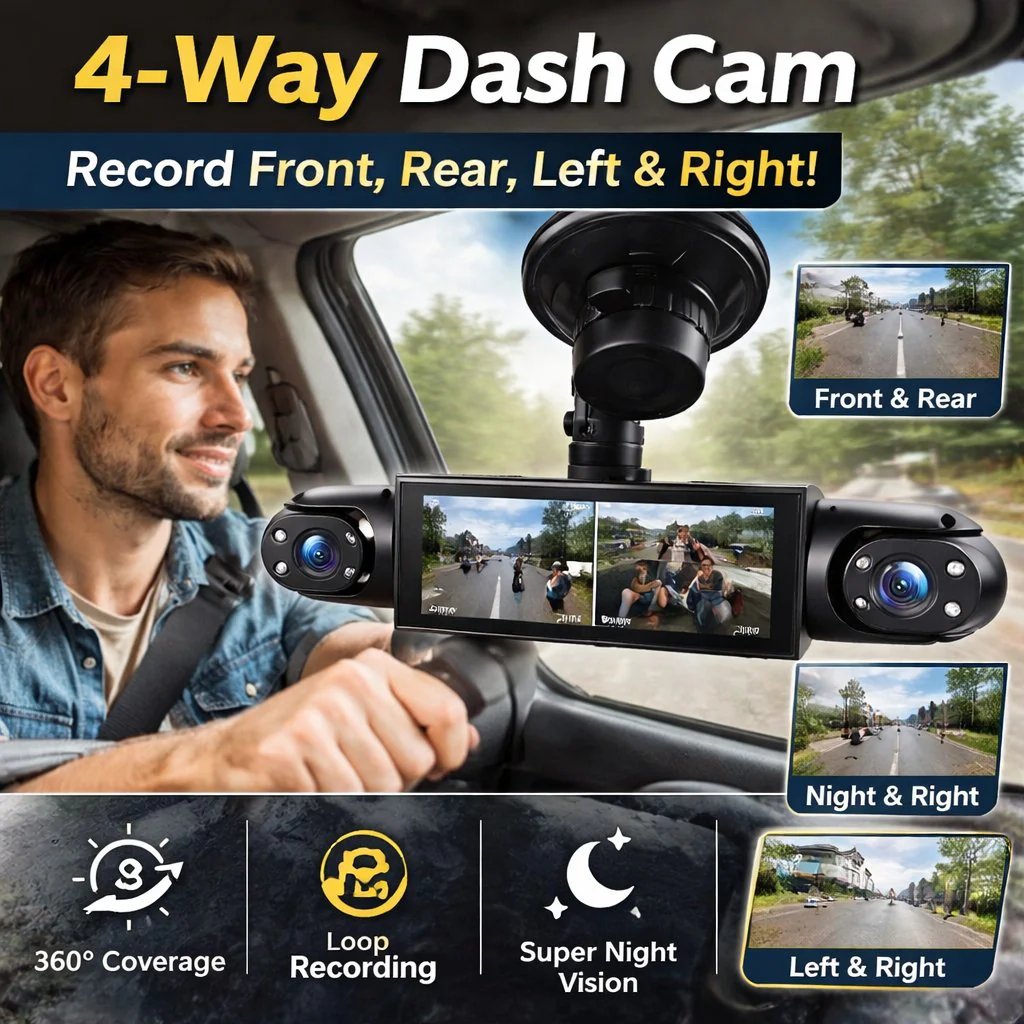 🚗 4-Channel 360° Dash Camera – Front, Rear, Side & Cabin Recording 🛡️