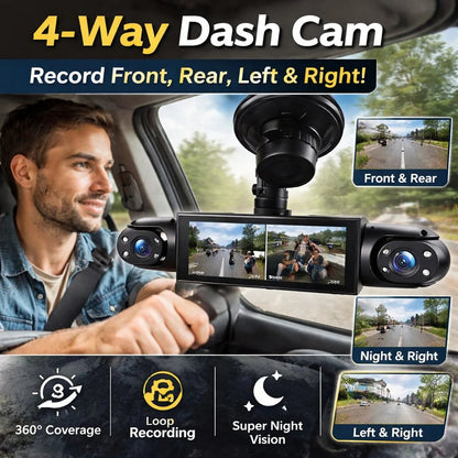 🚗 4-Channel 360° Dash Camera – Front, Rear, Side & Cabin Recording 🛡️
