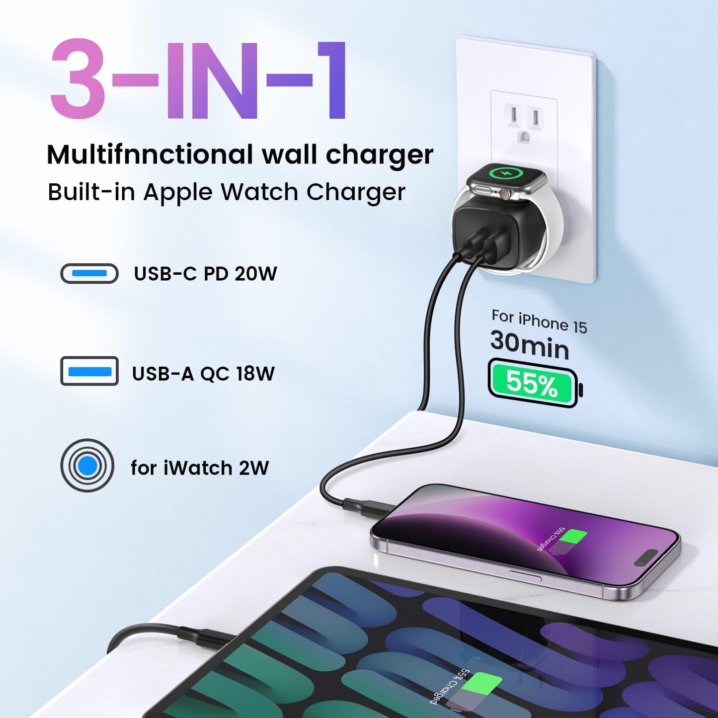 ⚡ 3-in-1 GaN Charging Block | Apple Watch Magnetic Charger + USB-C PD