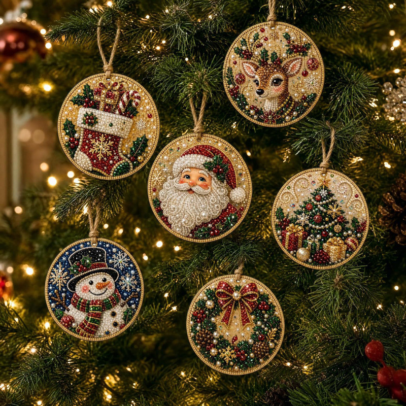 🎄 6-Piece Christmas Diamond Art Wooden Ornament Kit – DIY Pearl & Rhinestone Crafts ✨