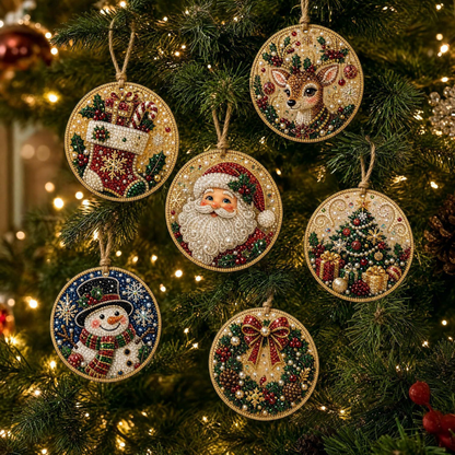 🎄 6-Piece Christmas Diamond Art Wooden Ornament Kit – DIY Pearl & Rhinestone Crafts ✨