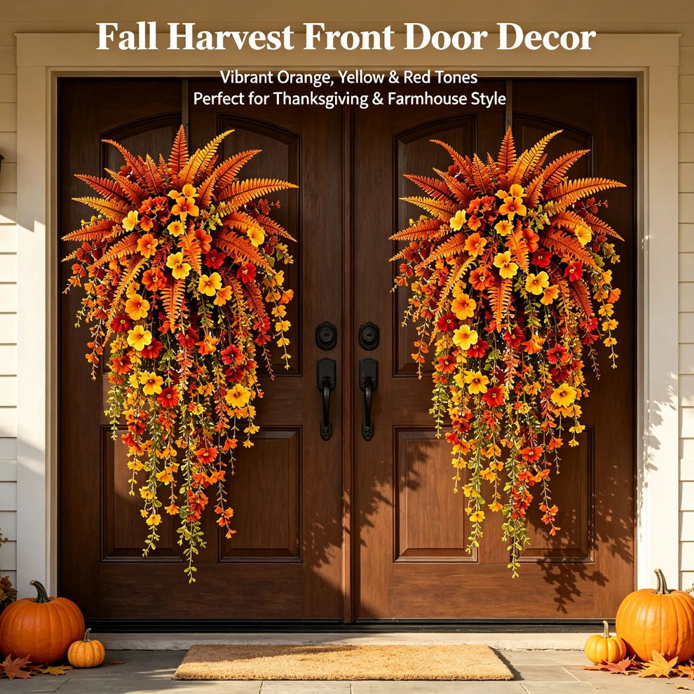 🔥On Sale Only Today 🍂 🍁 Fall Artificial Hanging Flower Basket Set for Front Door Porch Decor 🍂