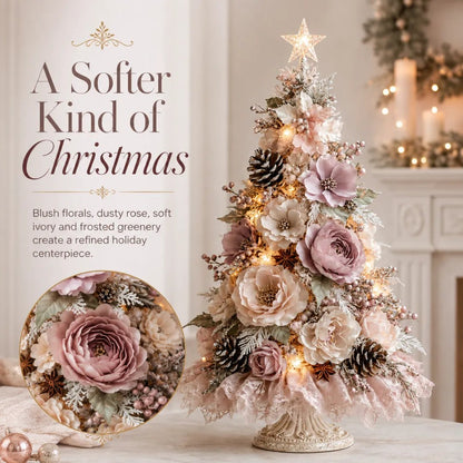 🌸 Pre-Decorated Blush Floral Tabletop Christmas Tree – Cordless Romantic Holiday Decor ✨