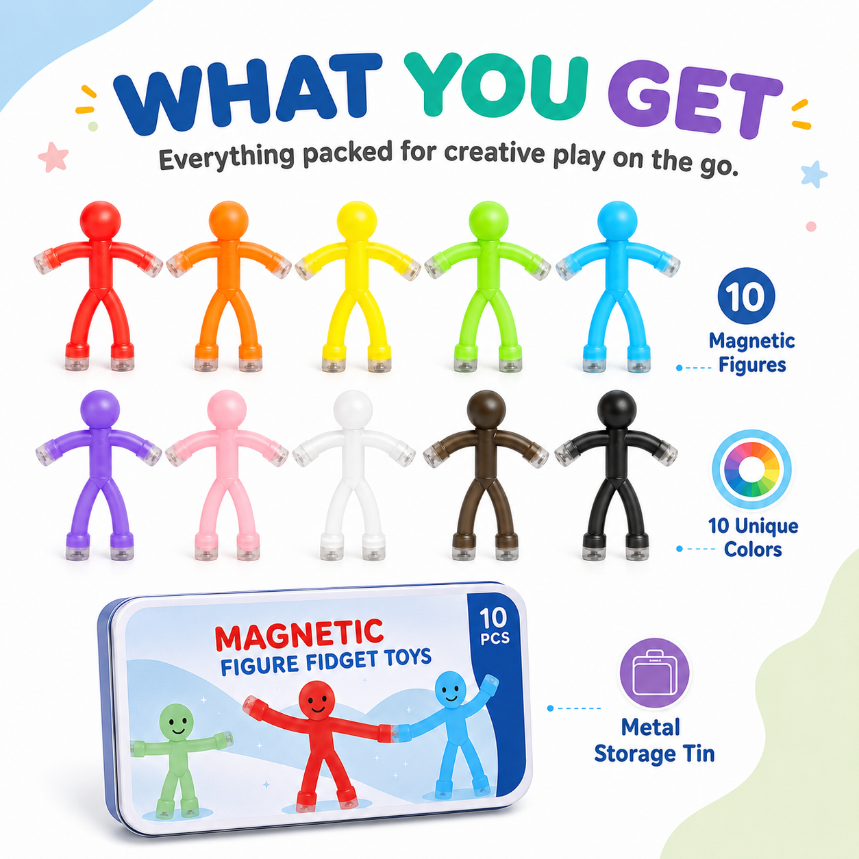 🧲 10-Pack Magnetic Bendy Figure Fidget Toys with Metal Storage Tin 🌈