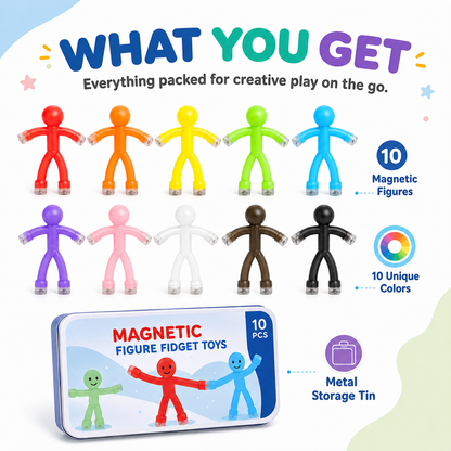 🧲 10-Pack Magnetic Bendy Figure Fidget Toys with Metal Storage Tin 🌈