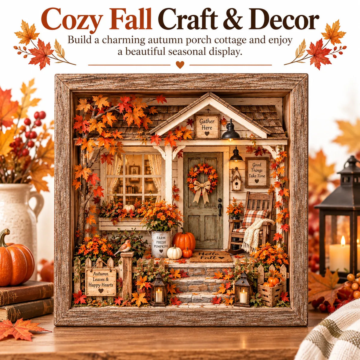 🍁 Cozy Autumn Cottage Porch 3D Miniature DIY Craft Kit | Wood & Acrylic Seasonal Decor 🎃