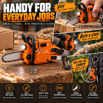 Mini Chainsaw Keychain Multi-Tool – Rechargeable LED Flashlight & Retractable Utility Cutter
