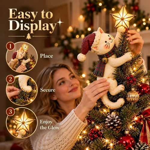 🎄 Lighted Christmas Cat Tree Topper – Climbing Kitty with Glowing Star