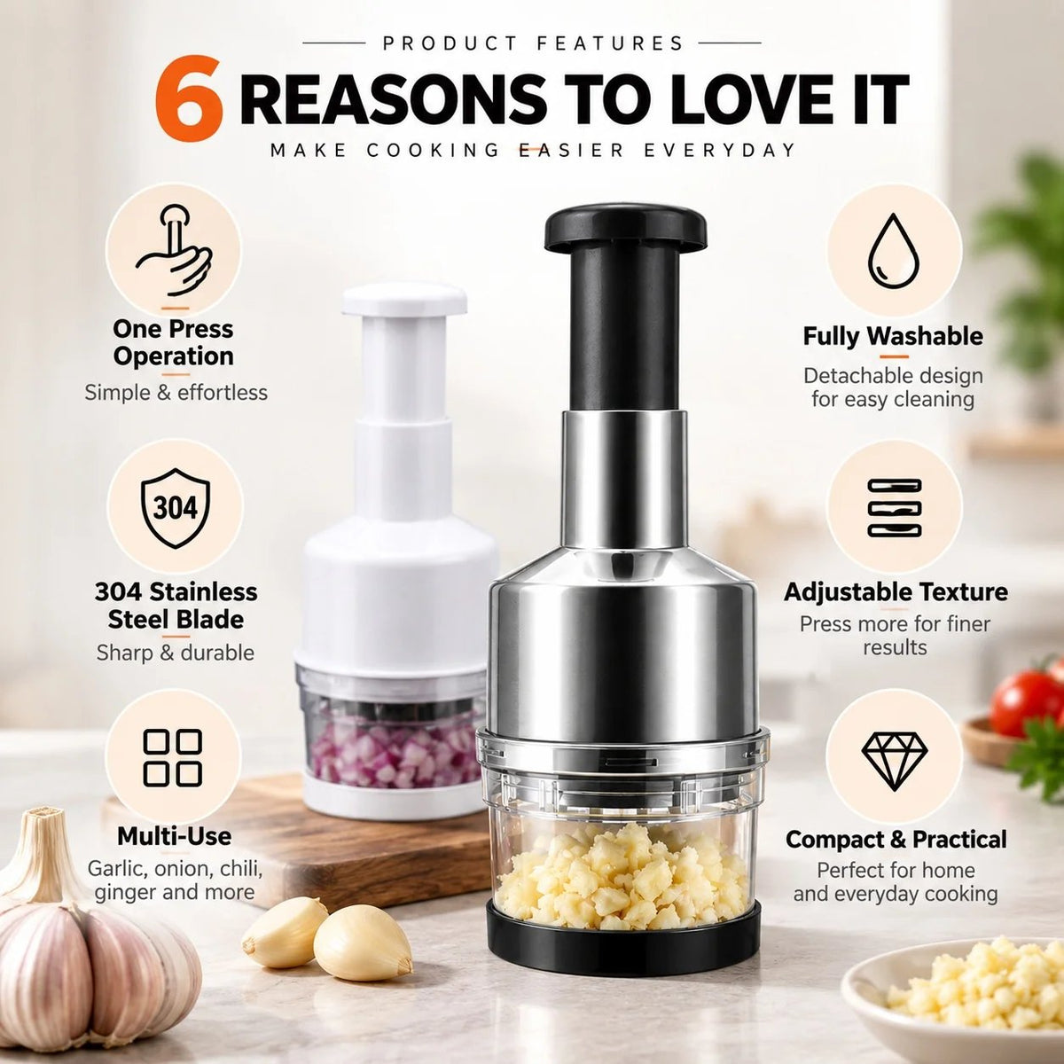 🧄 55% OFF One-Tap Garlic Chopper – Stainless Steel Manual Food Cutter for Effortless Cooking