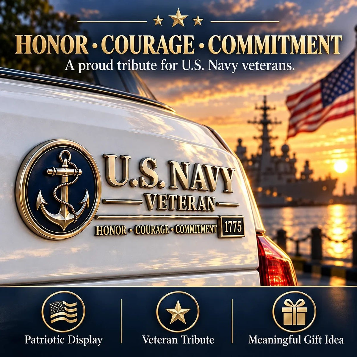 ⚓ U.S. Navy Veteran Metal Car Emblem - 3D Adhesive Vehicle Badge
