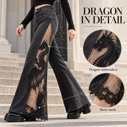 ✨ Women's Sheer Panel Jeans 🖤 Delicate Dragon Embroidery