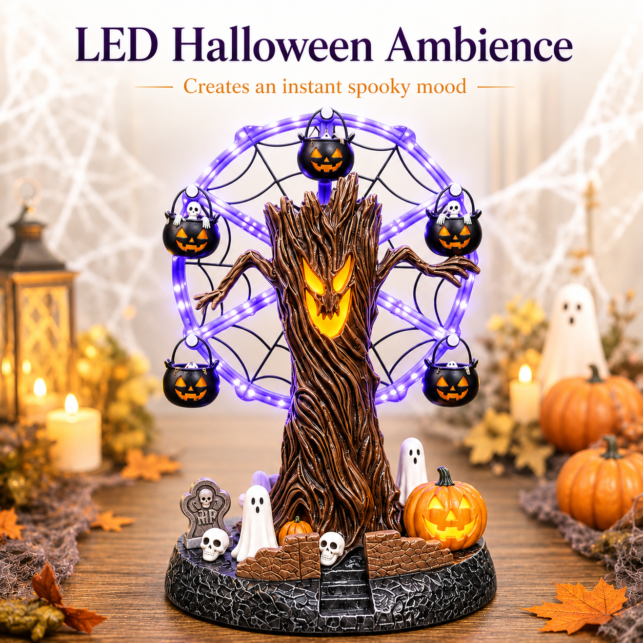 🎃 Lighted Halloween Ferris Wheel Resin Decoration with Haunted Tree and Ghosts 👻