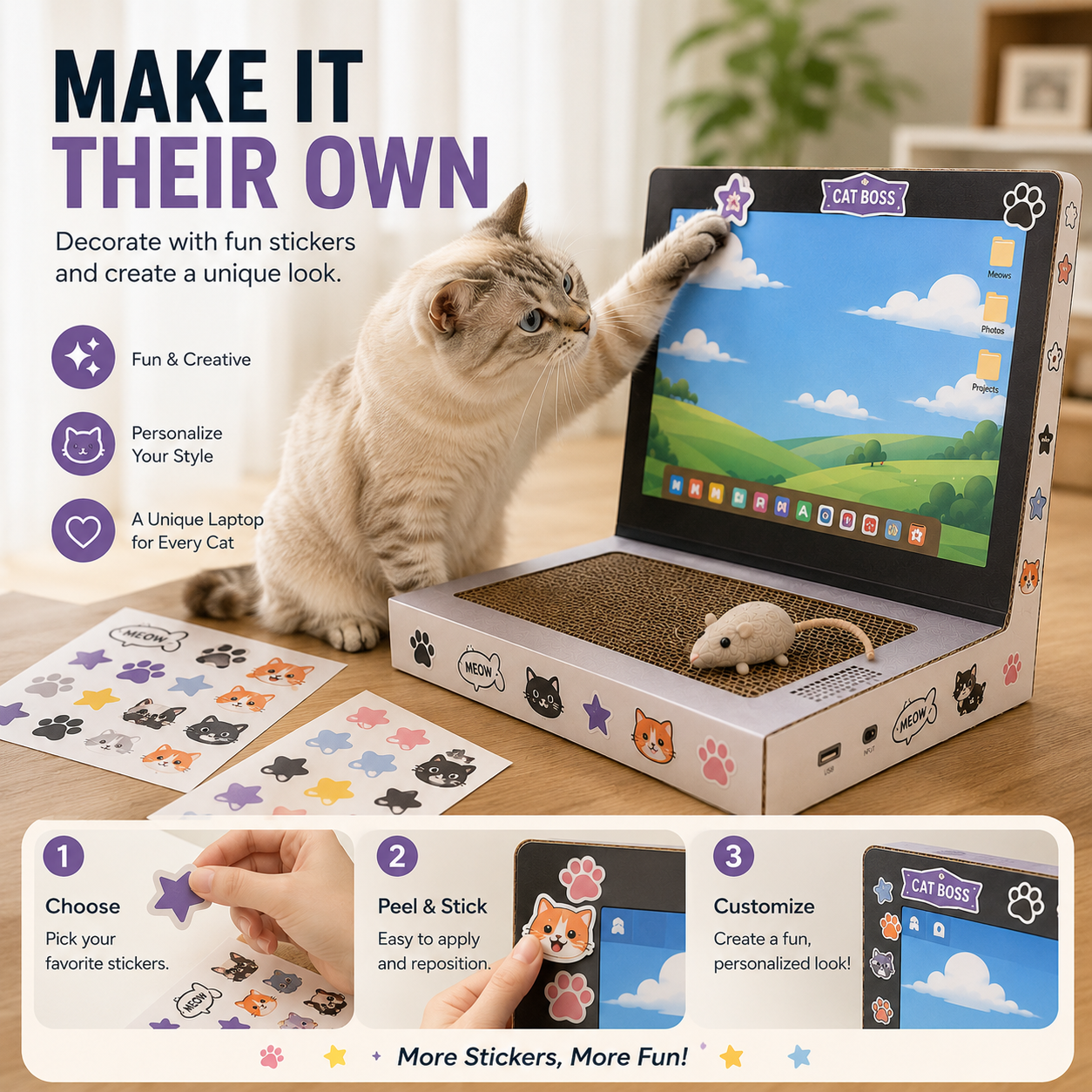 💻 Laptop Cat Scratcher Cardboard Toy with Mouse Ball and DIY Stickers 🐾