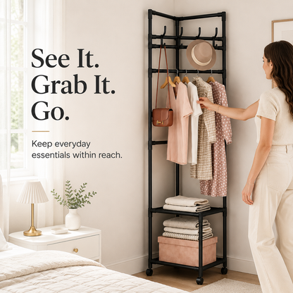 👗 Freestanding Corner Garment Rack with Wheels & Storage Shelves 👠
