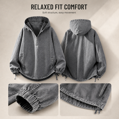 🧥 100% Cotton Vintage Washed Half-Zip Hoodie – Relaxed Fit Pullover ✨