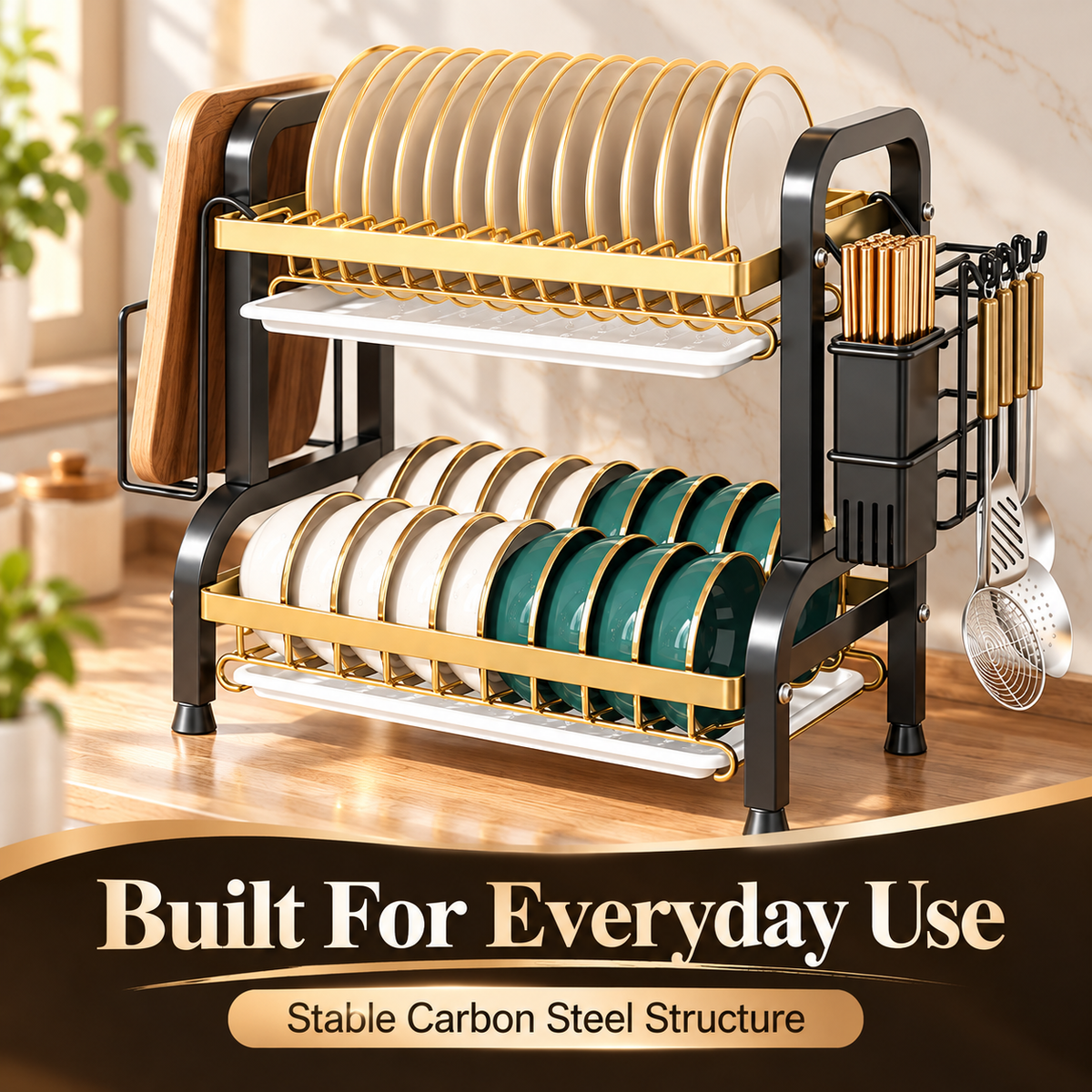🍽️ Space-Saving 2-Tier Dish Drainer With Removable Drip Trays