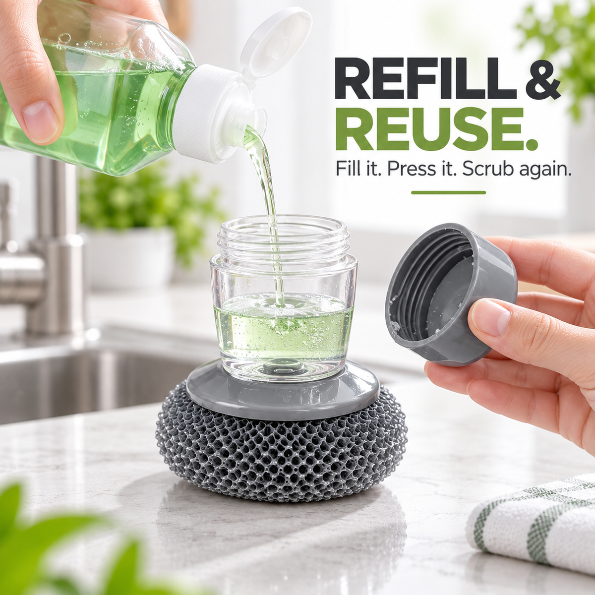 🧽 Refillable Soap Dispensing Dish Scrubber – Palm Kitchen Cleaning Brush ✨