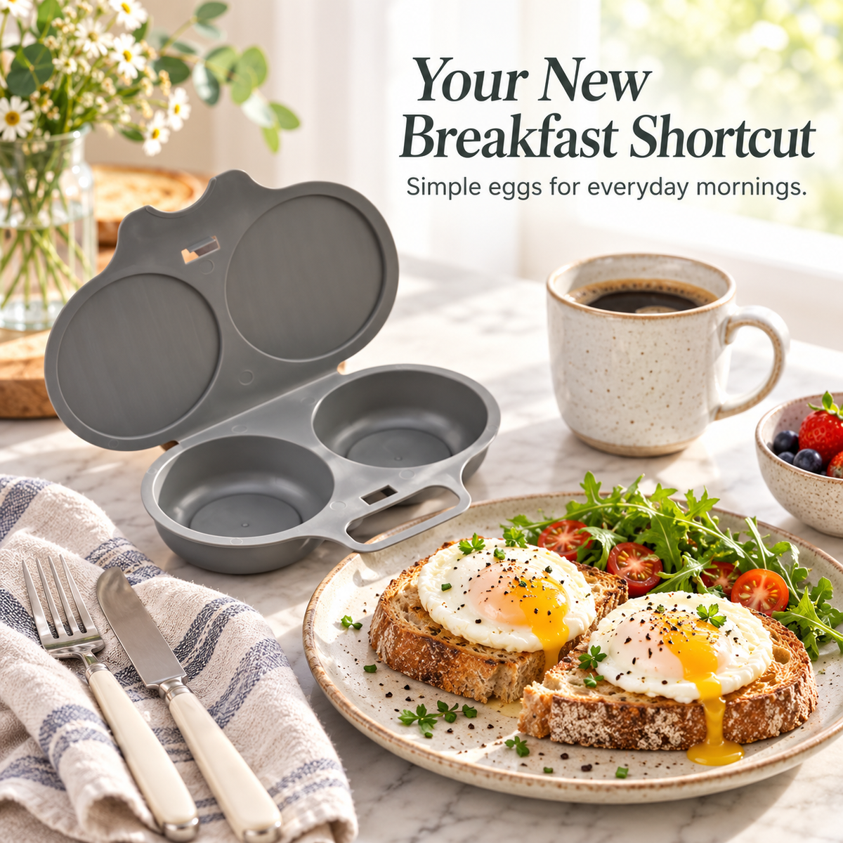 🍳 Double-Cavity Microwave Egg Poacher – Nonstick Fast Breakfast Egg Cooker ✨