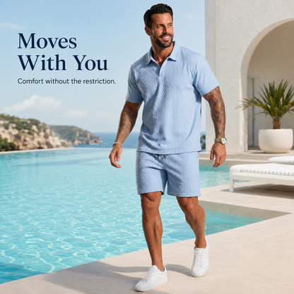 👔 Mens Textured Short Sleeve Polo Shirt and Drawstring Shorts 2 Piece Set 🩳