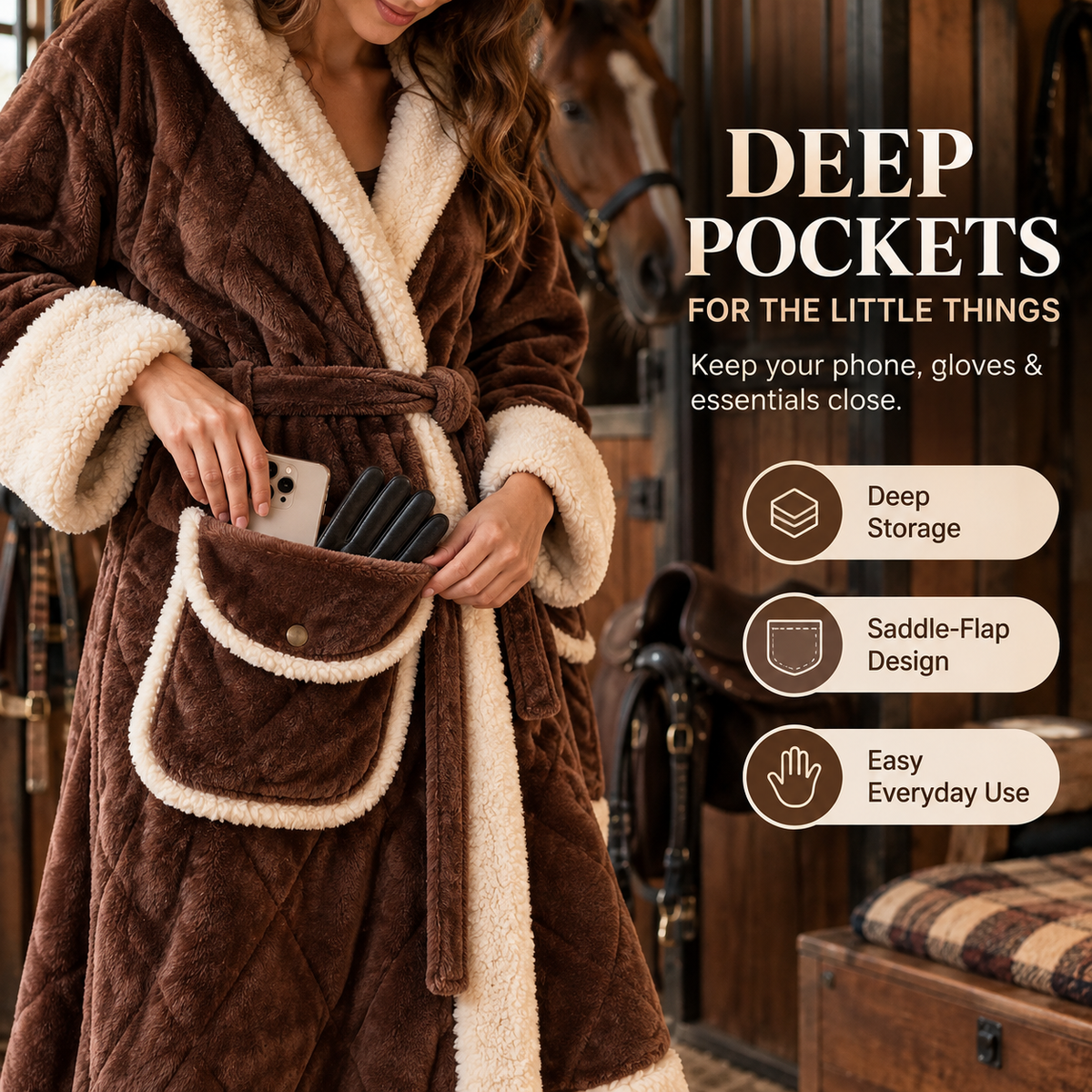 🐴 Horse Lover Plush Robe – Full-Length Sherpa-Lined Cozy Hooded Bathrobe